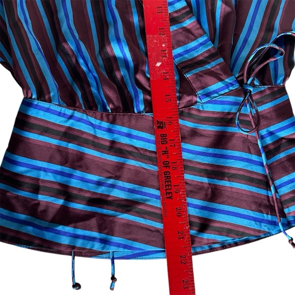 I.N.C Wrap Blouse Long Sleeves Maroon & Blue Stripes Woman’s Small Satin Blouse - Picture 5 of 8